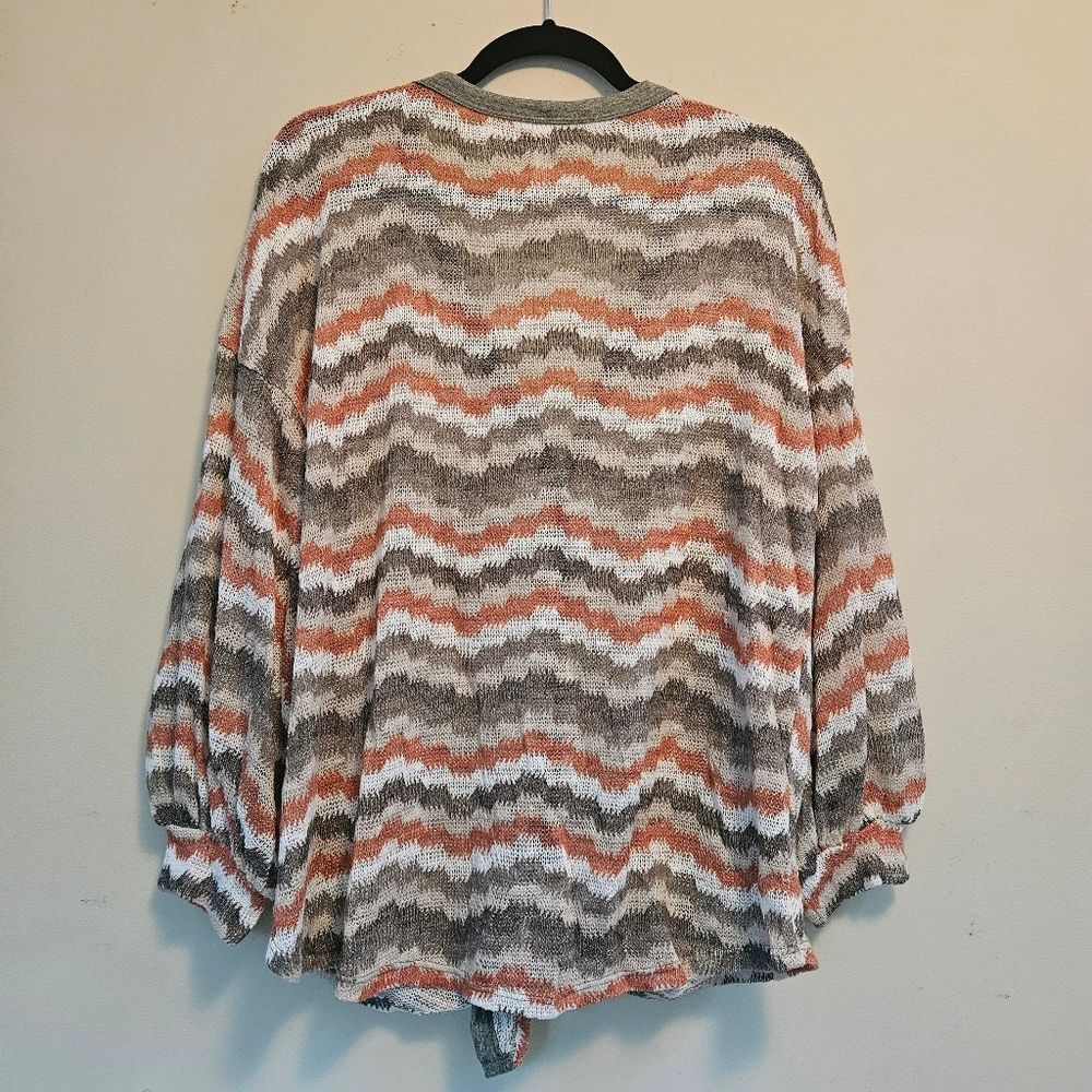 Emerald Pointelle Knit Button Front Tie Cardigan Chevron Stripe Women's 1X USA - Picture 2 of 9